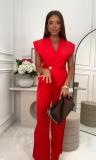 Women summer button Solid Top and wide-leg pants Career two-piece set
