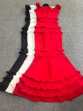 Women ruffled backless square neck bandage fishtail evening dress