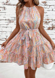 Women spring and summer lace-up printed suspender maxi dress