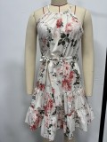 Women spring and summer lace-up printed suspender maxi dress