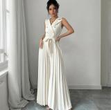 Women summer sleeveless v-neck lace pleated Maxi Jumpsuit