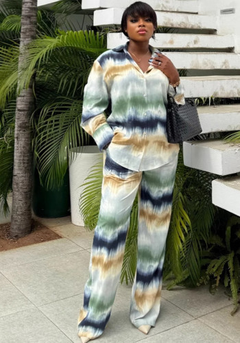 Plus Size Women Casual Printed Long Sleeve Shirt Pants Two-piece Set