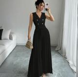 Women summer sleeveless v-neck lace pleated Maxi Jumpsuit