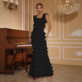 Women ruffled backless square neck bandage fishtail evening dress