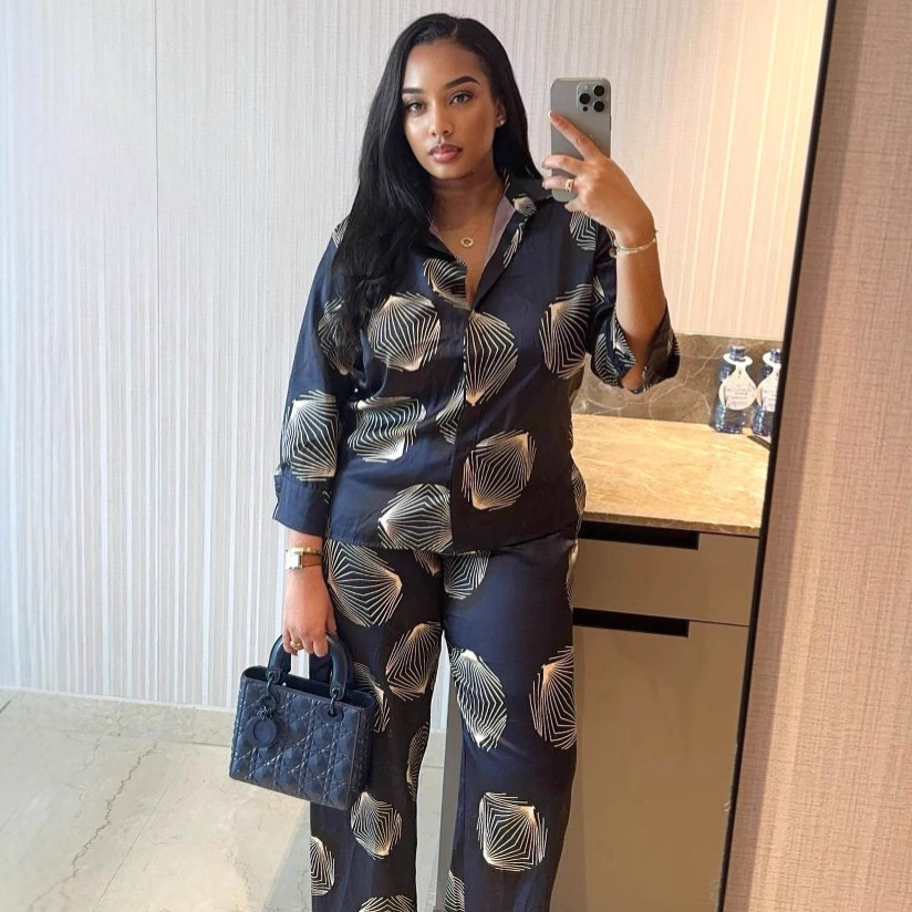 Plus Size African Women Printed Shirt and trousers two-piece set