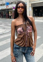Women Summer Strapless Adjustable square buckle Patchwork drawstring butterfly cake edge T-shirt Top Women Summer Strapless Adjustable square buckle Patchwork drawstring butterfly cake edge T-shirt Top