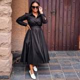 Women Long Sleeve Turndown Collar African Elegant Black Dress