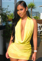Women Sexy Mesh Halter Neck Swinging Neck Large Backless Gathered Bodycon Dress Women Sexy Mesh Halter Neck Swinging Neck Large Backless Gathered Bodycon Dress