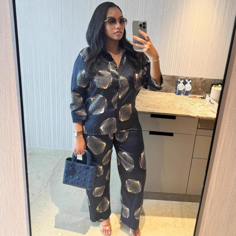 Plus Size African Women Printed Shirt and trousers two-piece set