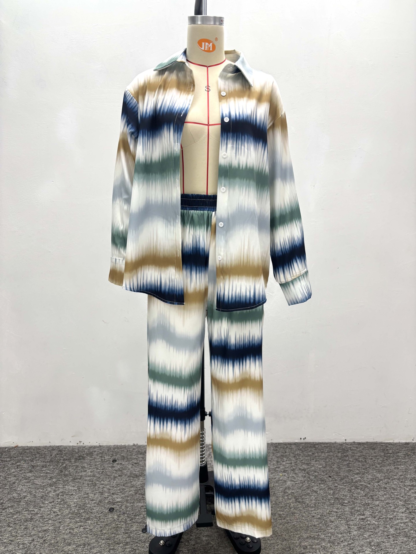 Plus Size Women Casual Printed Long Sleeve Shirt Pants Two-piece Set