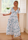 Women printed lace-up v-neck dress