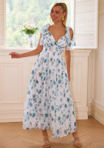 Women printed lace-up v-neck dress