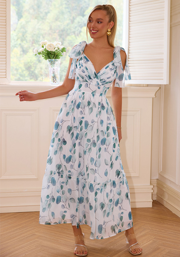 Women printed lace-up v-neck dress