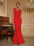 Women ruffled backless square neck bandage fishtail evening dress