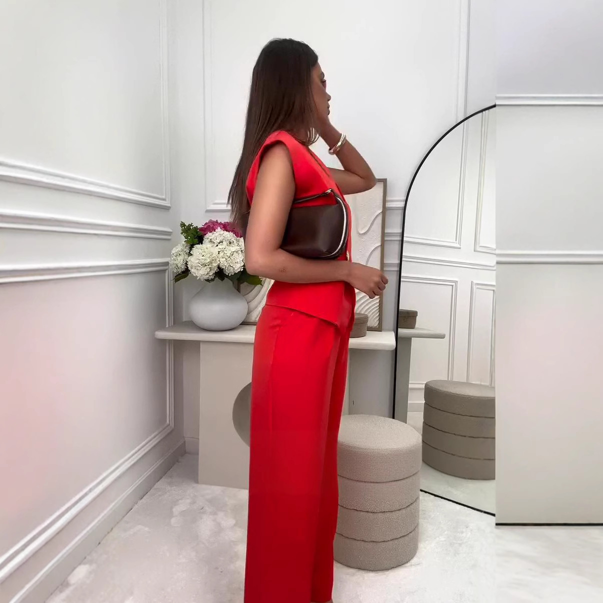 Women summer button Solid Top and wide-leg pants Career two-piece set