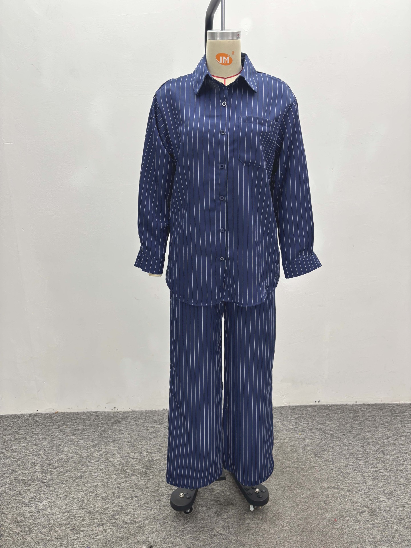 Women French Stripe Casual Long Sleeve Shirt Pants Two-piece Set