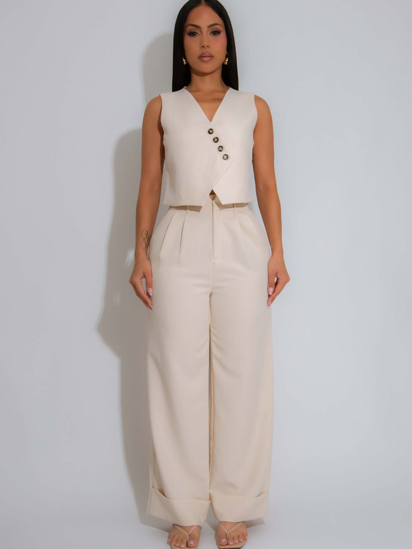 Women Solid Sleeveless V-Neck Vest Top Casual Wide Leg Pants Two-Piece Set