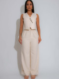 Women Solid Sleeveless V-Neck Vest Top Casual Wide Leg Pants Two-Piece Set