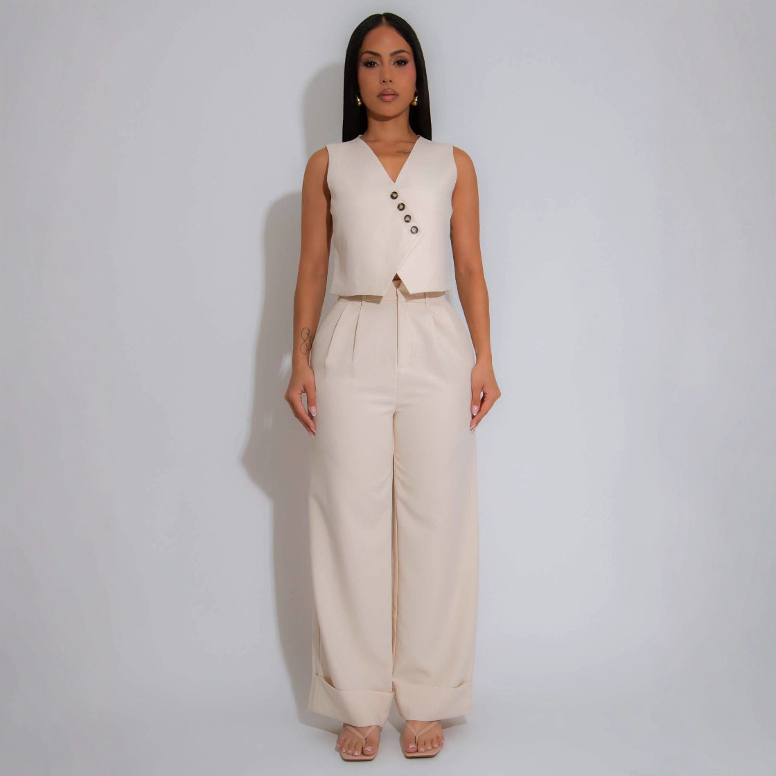 Women Solid Sleeveless V-Neck Vest Top Casual Wide Leg Pants Two-Piece Set