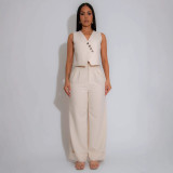 Women Solid Sleeveless V-Neck Vest Top Casual Wide Leg Pants Two-Piece Set