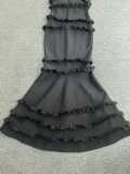 Women ruffled backless square neck bandage fishtail evening dress