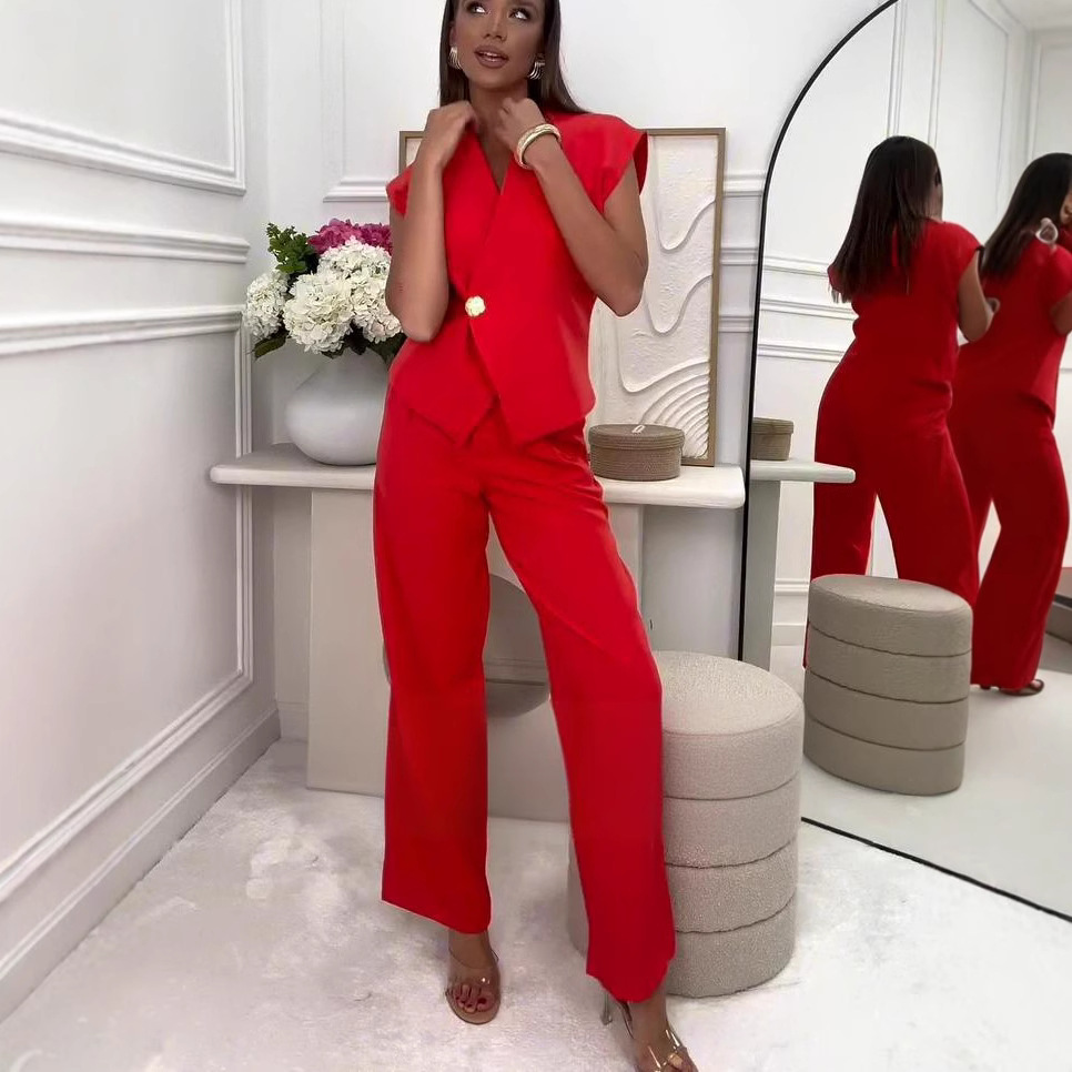 Women summer button Solid Top and wide-leg pants Career two-piece set