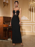 Women black backless slit bandage dress