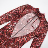 Women Leopard Print Mesh Half High Neck Large Backless Long Sleeve Jumpsuit