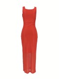 Women Summer Holidays Casual Square Neck Mesh Maxi Dress
