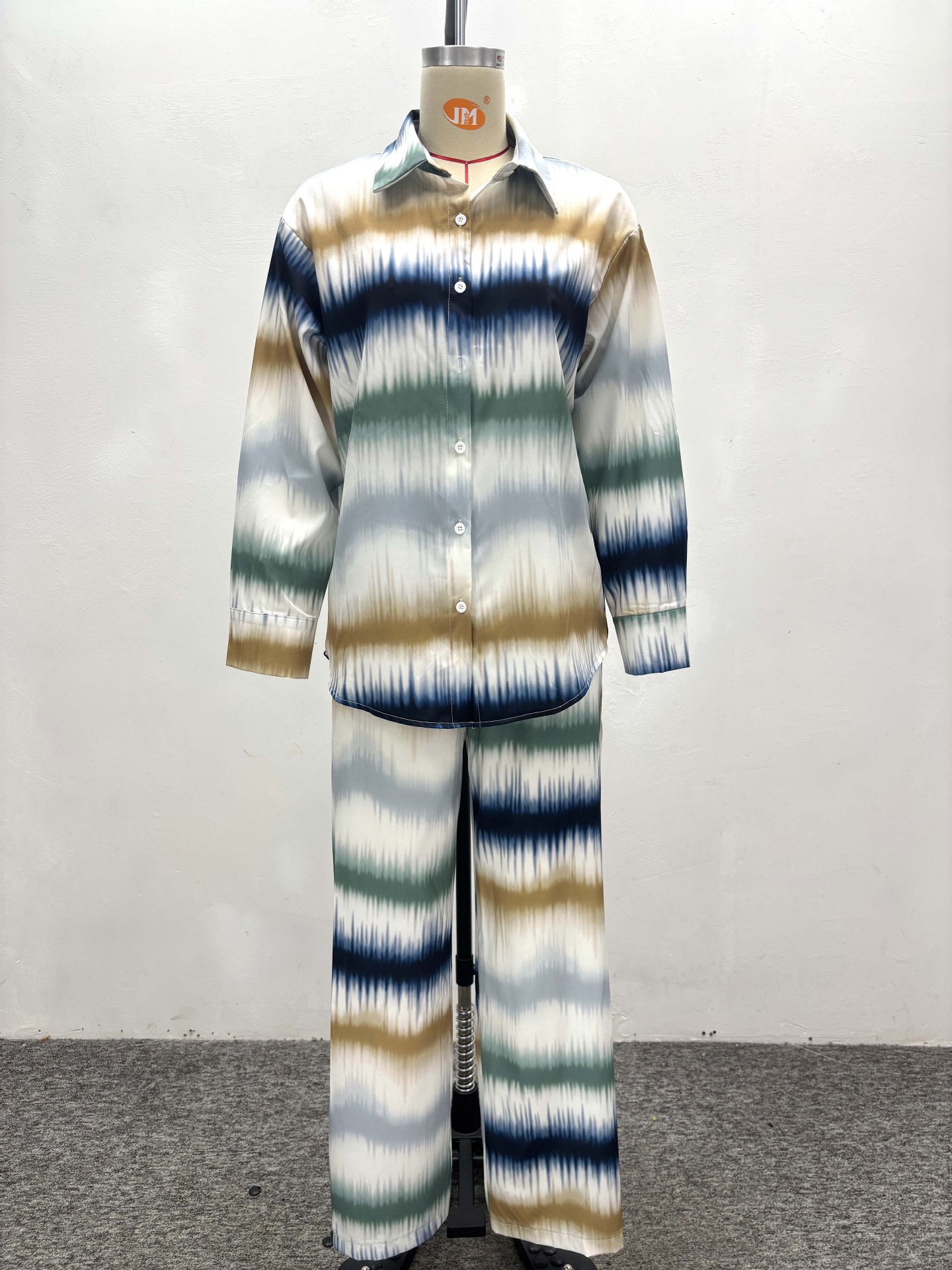 Plus Size Women Casual Printed Long Sleeve Shirt Pants Two-piece Set