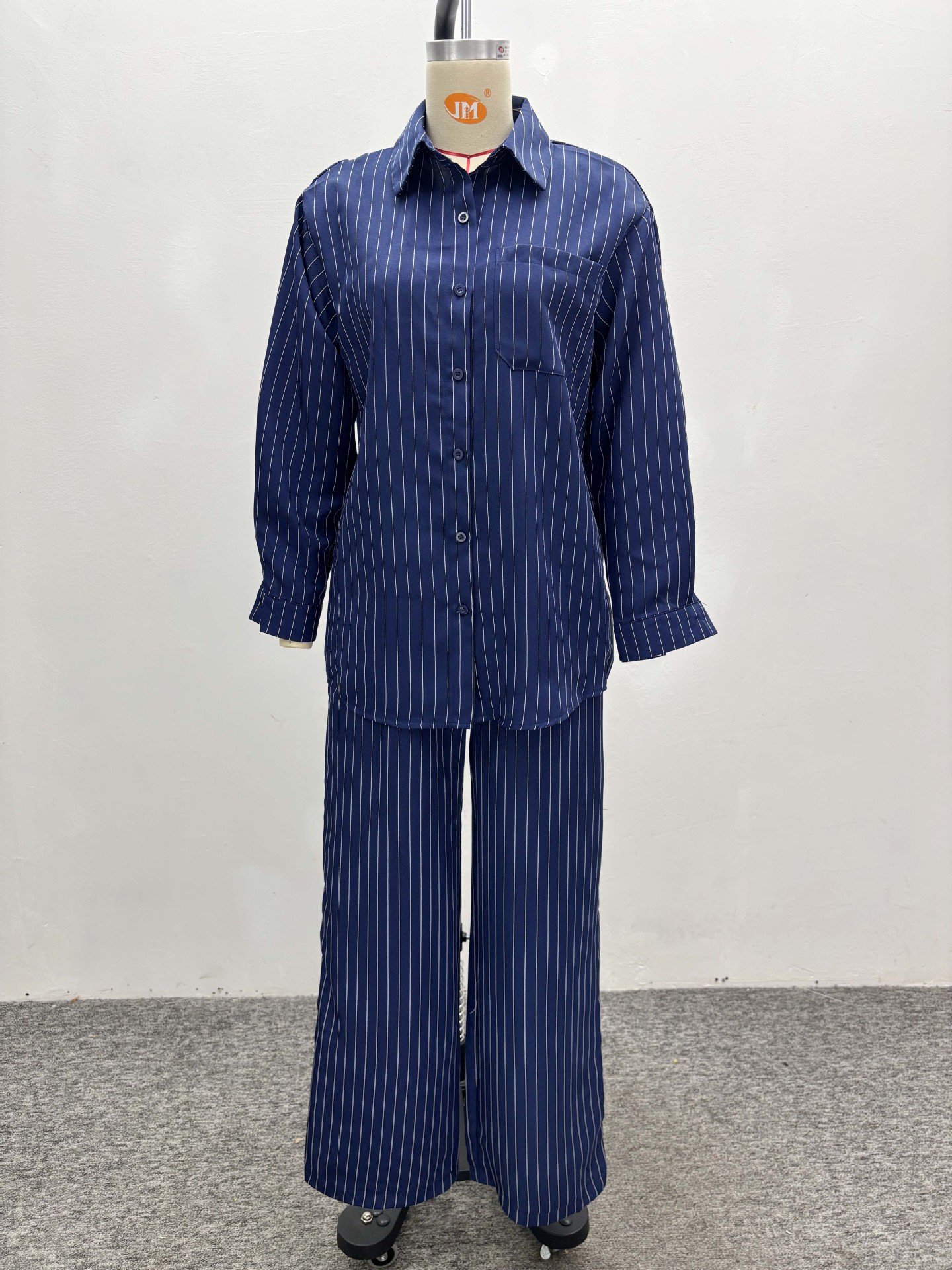 Women French Stripe Casual Long Sleeve Shirt Pants Two-piece Set