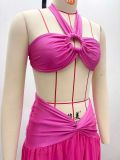 Women Hot and Sexy Halter Neck Strapless Top Slit Skirt Two-piece Set