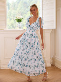 Women printed lace-up v-neck dress