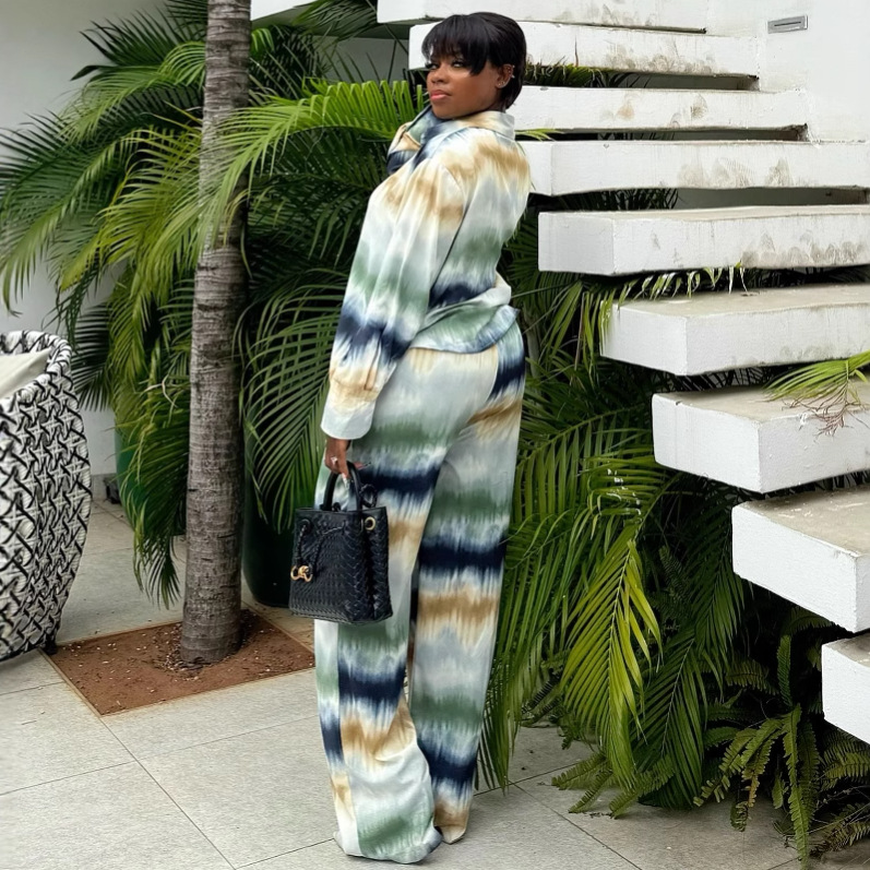 Plus Size Women Casual Printed Long Sleeve Shirt Pants Two-piece Set