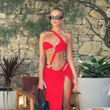 Women Summer Solid Bikini Metal Ring Sexy One-Shoulder One-Piece Swimsuit
