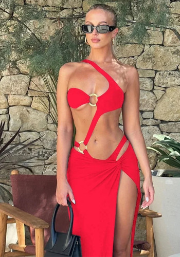 Women Summer Solid Bikini Metal Ring Sexy One-Shoulder One-Piece Swimsuit