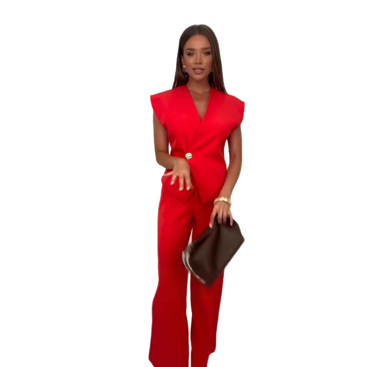 Women summer button Solid Top and wide-leg pants Career two-piece set