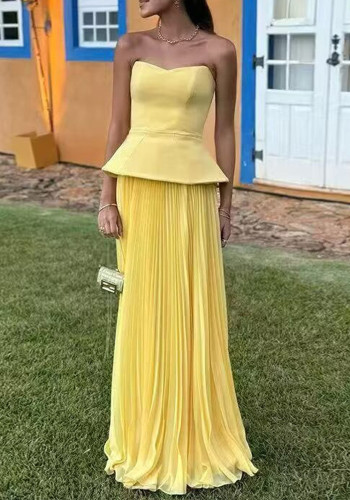 Women summer sleeveless strapless top pleated skirt two-piece set