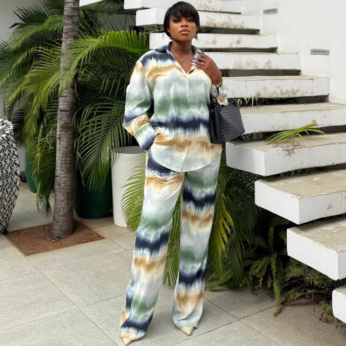 Plus Size Women Casual Printed Long Sleeve Shirt Pants Two-piece Set