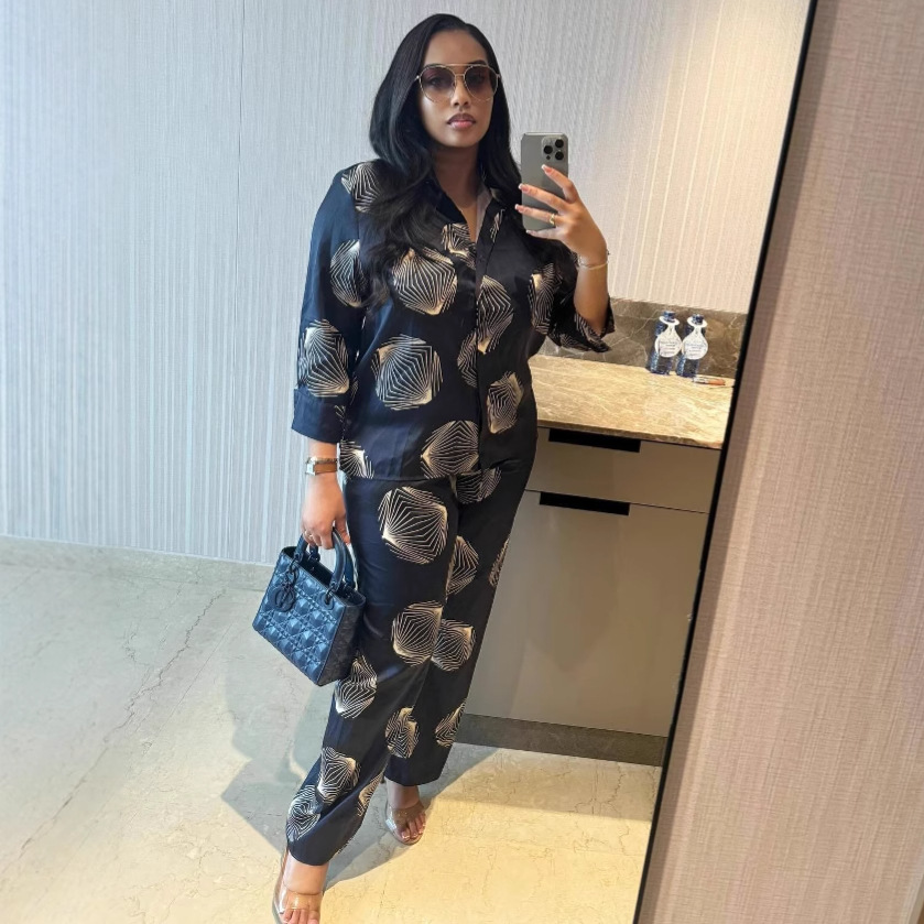 Plus Size African Women Printed Shirt and trousers two-piece set