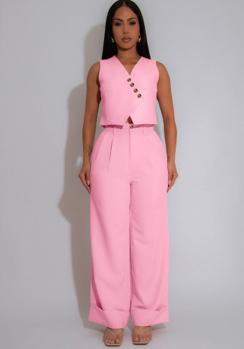 Women Solid Sleeveless V-Neck Vest Top Casual Wide Leg Pants Two-Piece Set