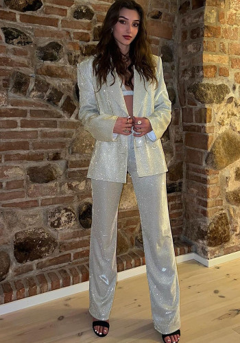 Women shiny blazer jacket underwear straight pants three-piece