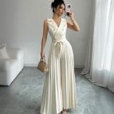 Women summer sleeveless v-neck lace pleated Maxi Jumpsuit
