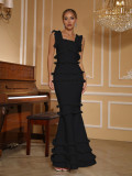 Women ruffled backless square neck bandage fishtail evening dress