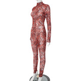 Women Leopard Print Mesh Half High Neck Large Backless Long Sleeve Jumpsuit