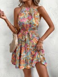 Women spring and summer lace-up printed suspender maxi dress