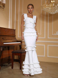 Women ruffled backless square neck bandage fishtail evening dress