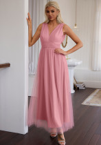 Women solid v-neck mesh dress