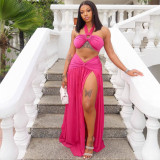 Women Hot and Sexy Halter Neck Strapless Top Slit Skirt Two-piece Set