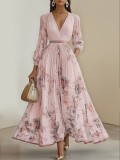 Women's Digital Print V-Neck Long-Sleeve Pleated Maxi Dress